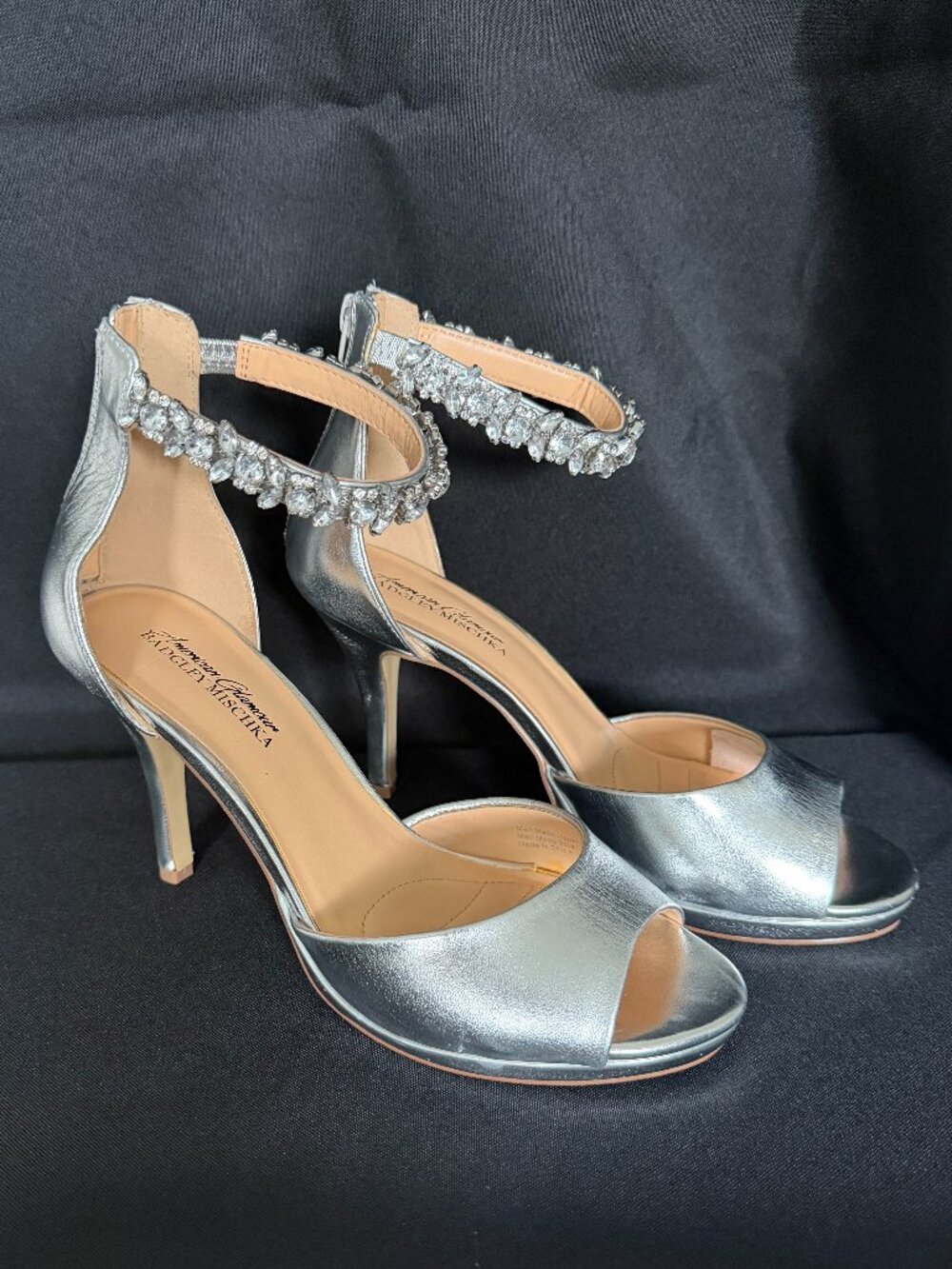 Badgley Mischka American Glamour Silver Heels Rhinestone Ankle Strap - Sz. 8
